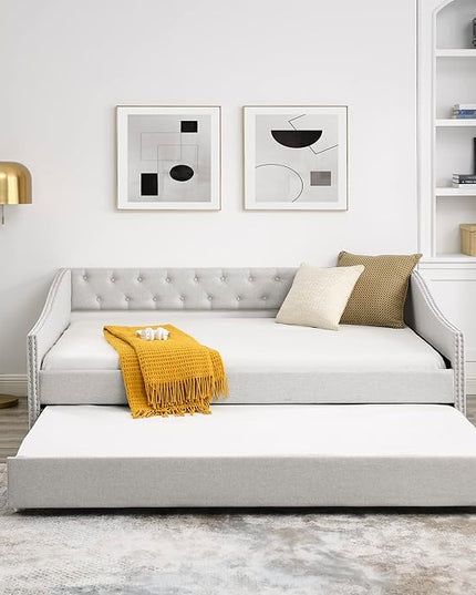 Full Size Upholstered Daybed with Twin Size Trundle, Tufted Full Day Bed w/Button Back and Waved Shape Copper Nail Arms, No Spring Box Needed, Easy Assemble, for Living Room - LeafyLoom