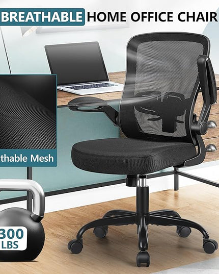 MINLOVE Office Chair Ergonomic Desk Chair with Adjustable Lumbar Support and Height, 90° Flip-up Armrests, Ergo Desk Chairs with Wheels, 360° Swivel Mesh Chair, Home Work Use (Black) - LeafyLoom