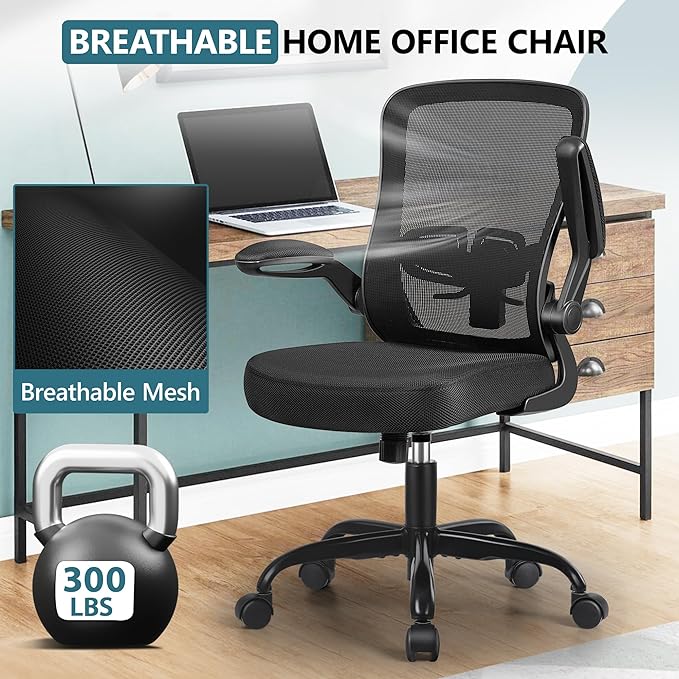 MINLOVE Office Chair Ergonomic Desk Chair with Adjustable Lumbar Support and Height, 90° Flip-up Armrests, Ergo Desk Chairs with Wheels, 360° Swivel Mesh Chair, Home Work Use (Black) - LeafyLoom