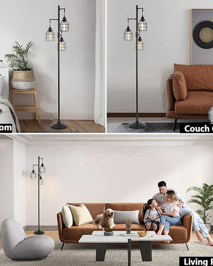 9MMML Floor Lamp for Living Room, Farmhouse Industrial Dimmable Floor lamp,3 Lights Metal Cage Tree Standing Lamp,68", 3Pcs Led Bulbs Included - LeafyLoom