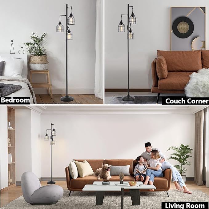 9MMML Floor Lamp for Living Room, Farmhouse Industrial Dimmable Floor lamp,3 Lights Metal Cage Tree Standing Lamp,68", 3Pcs Led Bulbs Included - LeafyLoom