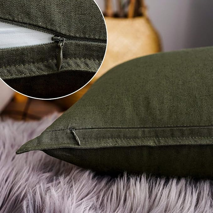 Jeanerlor Cotton Linen Square Decorative Throw Pillow Case Cushion Cover with Twin Needles Stitch on Edge, 12"x20"(30 x 50cm), 2 Pcs, Olive Green - LeafyLoom