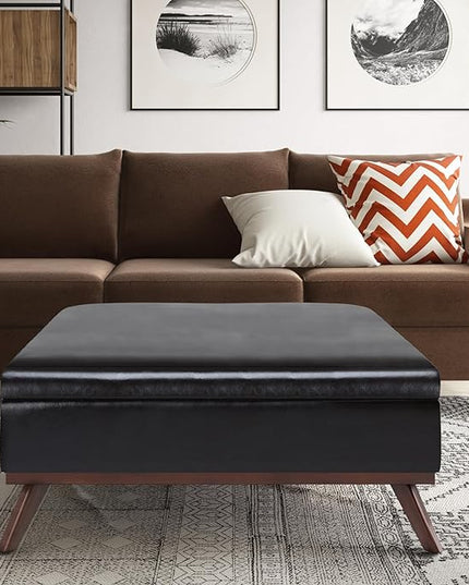 SIMPLIHOME Owen 36 Inch Wide Mid Century Modern Square Coffee Table Lift Top Storage Ottoman in Upholstered Tanners Brown Faux Leather, For the Living Room - LeafyLoom