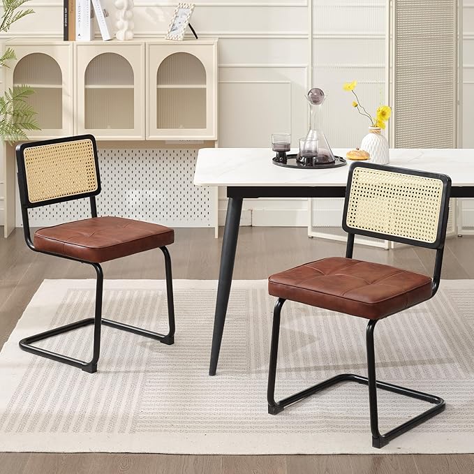 Rattan Dining Chairs Set of 2, Mid Century Modern PU Leather Dining Room Kitchen Chairs with Cane Back, Metal Chrome Legs, Upholstered Wicker Armless Accent Chairs, Brown - LeafyLoom