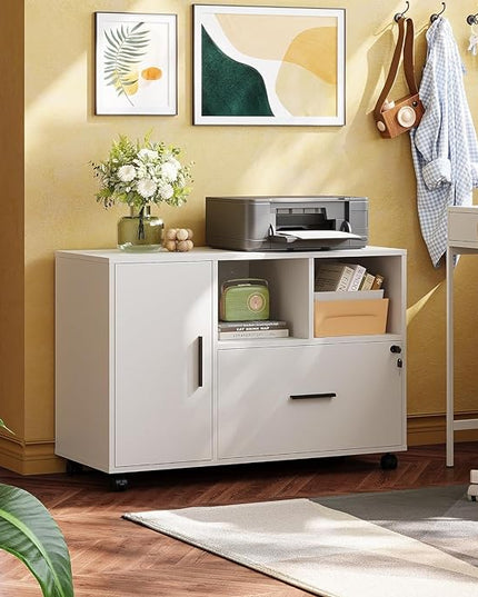 DEVAISE Office File Cabinet with Lock, 1-Drawer Wood Lateral Filing Cabinet on Wheels, Printer Stand with Open Storage Shelves for Home Office, White - LeafyLoom