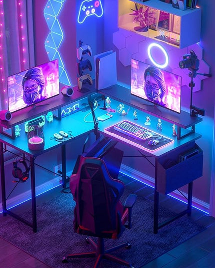 armocity L Shaped Computer Desk with Power Outlets, Small Gaming Desk L Shaped with LED Lights, 40 Inch Corner Desk with Storage Shelves, Work Study Desk for Bedroom, Home Office Small Spaces, Black - LeafyLoom