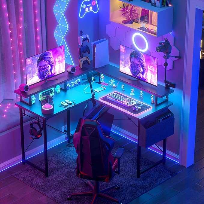 armocity L Shaped Computer Desk with Power Outlets, Small Gaming Desk L Shaped with LED Lights, 40 Inch Corner Desk with Storage Shelves, Work Study Desk for Bedroom, Home Office Small Spaces, Black - LeafyLoom