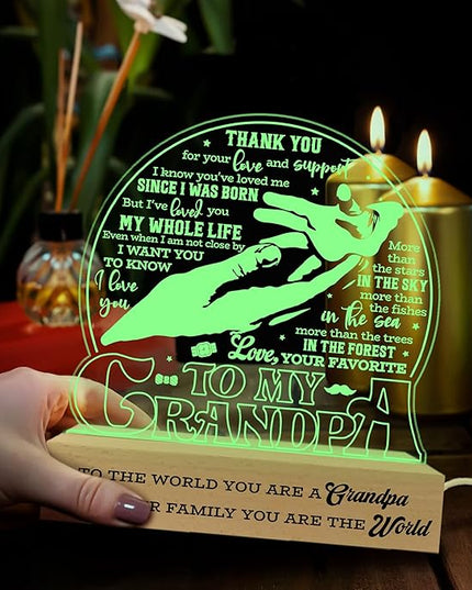 to My Grandpa Lamp, Grandpa Acrylic Night Light, Fathers Day Birthday Gifts for Grandpa Grandfather, 3D Illusion Lamp w/Wooden Base USB Powered Gifts for Men Dad Daddy Grandpa, Bedroom Décor - LeafyLoom