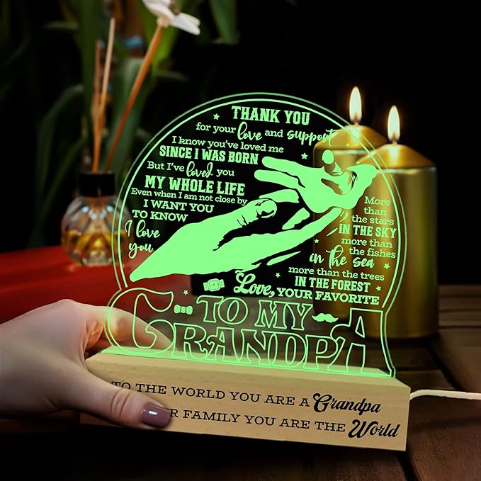 to My Grandpa Lamp, Grandpa Acrylic Night Light, Fathers Day Birthday Gifts for Grandpa Grandfather, 3D Illusion Lamp w/Wooden Base USB Powered Gifts for Men Dad Daddy Grandpa, Bedroom Décor - LeafyLoom