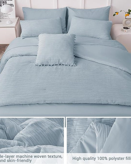 Queen Comforter Set Blue, 8 Piece Bed in a Bag Queen for All Season, Woven Texture Bedding Comforter Set with Sheets and Pillows, Soft Lightweight Queen Comforter Bed Set, Light Heaven Blue - LeafyLoom