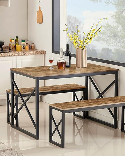 VECELO Kitchen Table with 2 Benches for 4, Wood Dining Room Dinette Sets with Metal Frame for Breakfast Nook and Small Space, 43.3", Brown - LeafyLoom