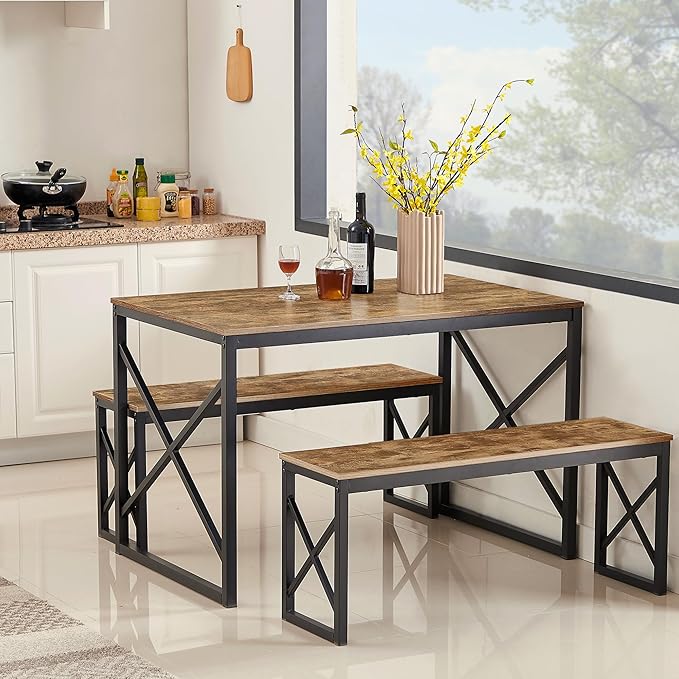 VECELO Kitchen Table with 2 Benches for 4, Wood Dining Room Dinette Sets with Metal Frame for Breakfast Nook and Small Space, 43.3", Brown - LeafyLoom