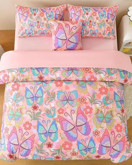 Butterfly Bedding Set Twin, Pink Butterfly Comforter Set for Girls Kids Teens 6 pcs Bed in a Bag Twin Bedding Sets for Girls - LeafyLoom