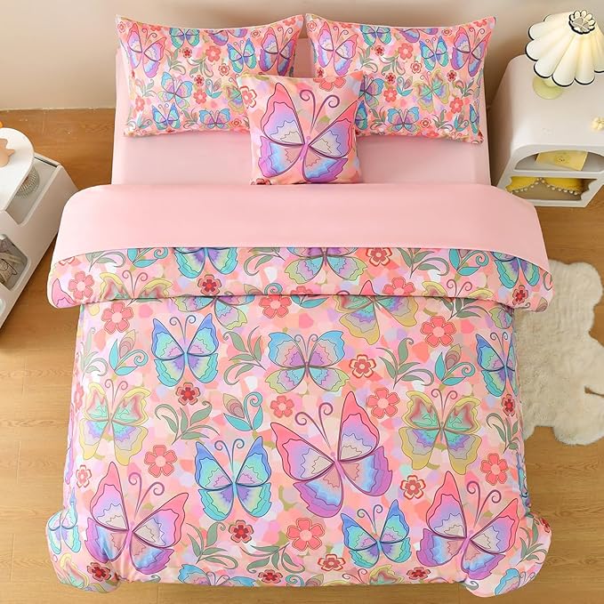 Butterfly Bedding Set Twin, Pink Butterfly Comforter Set for Girls Kids Teens 6 pcs Bed in a Bag Twin Bedding Sets for Girls - LeafyLoom
