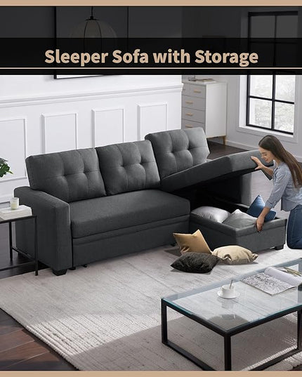 4-in-1 Convertible Pull Out Modular Sectional Sofa Bed for Living Room Furniture Sets, L Shaped Comfy Couch with Reversible Storage Chaise Upholstered for Apartment, Studio, Office, Dark Gray-2 - LeafyLoom