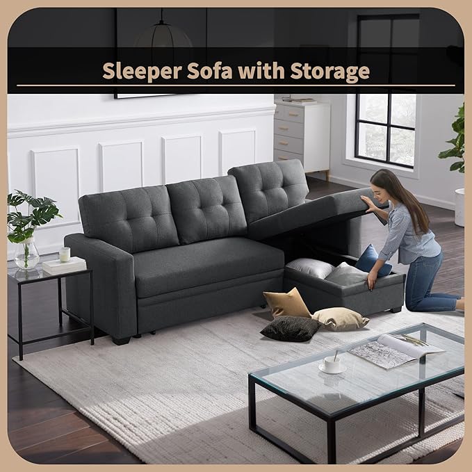 4-in-1 Convertible Pull Out Modular Sectional Sofa Bed for Living Room Furniture Sets, L Shaped Comfy Couch with Reversible Storage Chaise Upholstered for Apartment, Studio, Office, Dark Gray-2 - LeafyLoom
