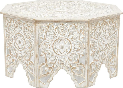 Deco 79 Wood Floral Handmade Living Room Coffee Table Intricately Carved Table with Arched Cutouts and Brown Distressing, Center Table 33" x 33" x 18", Cream - LeafyLoom