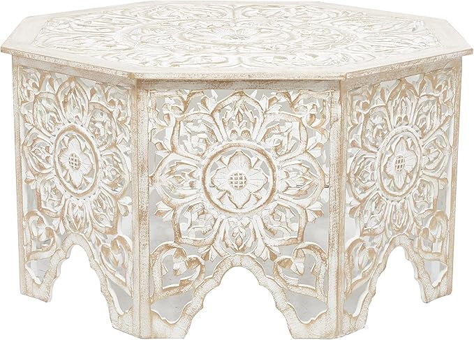 Deco 79 Wood Floral Handmade Living Room Coffee Table Intricately Carved Table with Arched Cutouts and Brown Distressing, Center Table 33" x 33" x 18", Cream - LeafyLoom