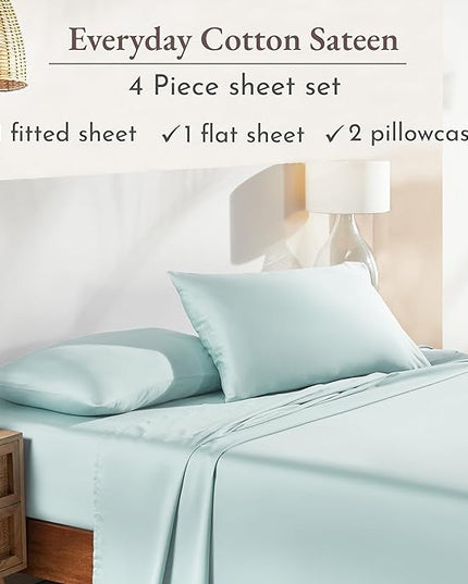 California Design Den Soft 100% Cotton Sheets King Size Bed Sheets Set with Deep Pockets, 4 Piece Seafoam Sheets, King Sheets Set with Sateen Weave, Cooling Sheets (Seafoam) - LeafyLoom