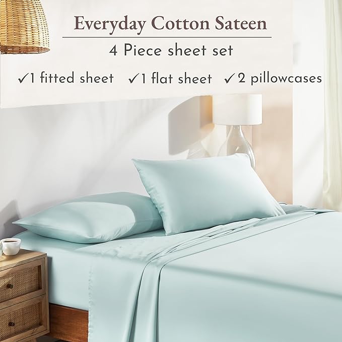 California Design Den Soft 100% Cotton Sheets King Size Bed Sheets Set with Deep Pockets, 4 Piece Seafoam Sheets, King Sheets Set with Sateen Weave, Cooling Sheets (Seafoam) - LeafyLoom