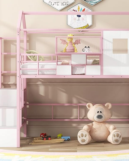 Twin Size Metal Loft Bed with roof Design and a Storage Box,House Shaped Stairway Metal Bedframe w/Guardrail & Roof Design, for Kids Boys Girls Bedroom, Pink - LeafyLoom