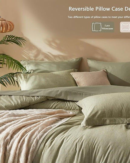 UNILIBRA Queen Comforter Set 7 Pieces Bed in a Bag - Olive Green Queen Soft Bedding Set for All Seasons-Cationic Dyeing Bed Comforter Sets with Comforter, Flat Sheet, Fitted Sheet, Pillowcases & Shams - LeafyLoom