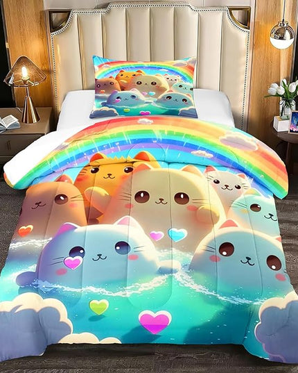 Cat Comforter Set - Cartoon Cat Twin Bedding Set for Girls Cute Cat Rainbow Printed Kids Bedding Set for Girls Kids Teens All Season Kawaii Cat Twin Quilt Set, 1 Comforter+1 Pillowcase - LeafyLoom