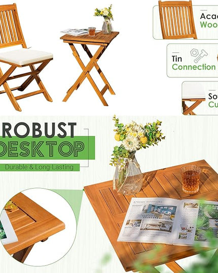 Greesum 3 Piece Patio Folding Furniture Bistro Set with 2 cushions for Pool Beach Backyard Balcony Porch Deck Garden, Acacia Wood - LeafyLoom