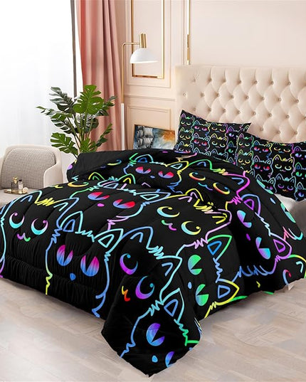 Cats Full Size Comforter Set for Girls - Cartoon Cats Bedding Set for Girls Room Lovely Cats Pattern Girls Bedding Set Soft Breathable Cats Comforter with 2 Pillowcases for All-Season - LeafyLoom