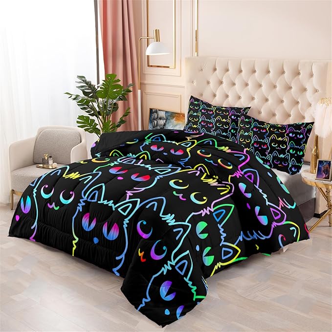 Cat Comforter Set for Girls Room - Colorful Cartoon Cats Bedding Set for Girls Bedroom Girls Room Decor Ultra Soft Cats Comforter Set for All-Season with 1 Comforter and 2 Pillowcases, Queen Size - LeafyLoom