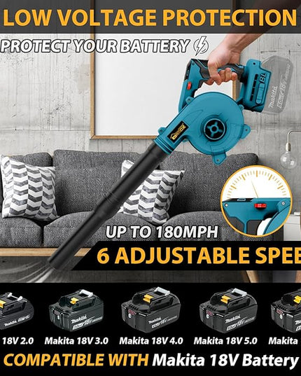 Cordless Leaf Blower for Makita 18V Battery, 2-in-1 Handle Electric Blower + Vacuum Cleaner, 6 Variable Speed Up to 180MPH, Electric Jobsite Air Blower with Brushless Motor (Battery Not Included) - LeafyLoom