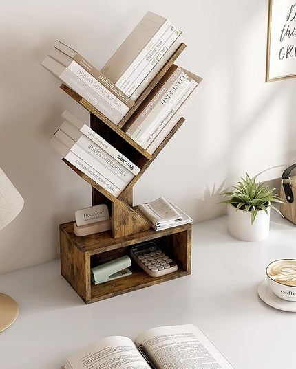 Hoctieon 3 Tier Tree Bookshelf, Small Bookcase with Drawer, Desktop Book Shelf, Display Floor Standing Storage Shelf, Book Organizer Shelves for Home Office, Rustic Brown - LeafyLoom