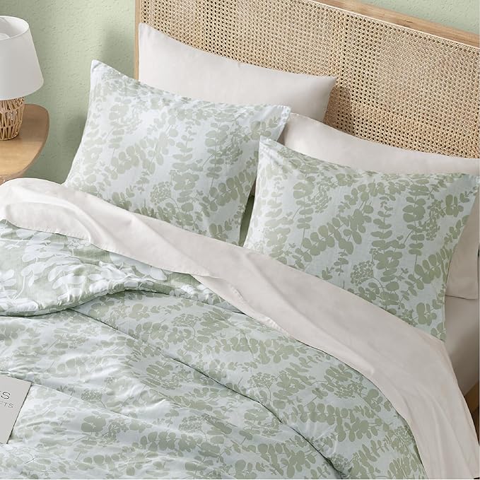 Codi Sage Green Comforter Set Queen Size, Floral Bedding Sets for Women | Nature Botanical Style, Unique Reversible Design, Better for Spring and Summer | Leaf Print 3 Pieces - LeafyLoom