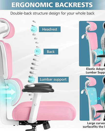Primy Office Chair Ergonomic Desk Chair, High Back Computer Gaming Chair, Comfy Big and Tall Home Office Chair with Lumbar Support, Breathable Mesh Reclining Chair Adjustable Armrests Headrest(Pink) - LeafyLoom