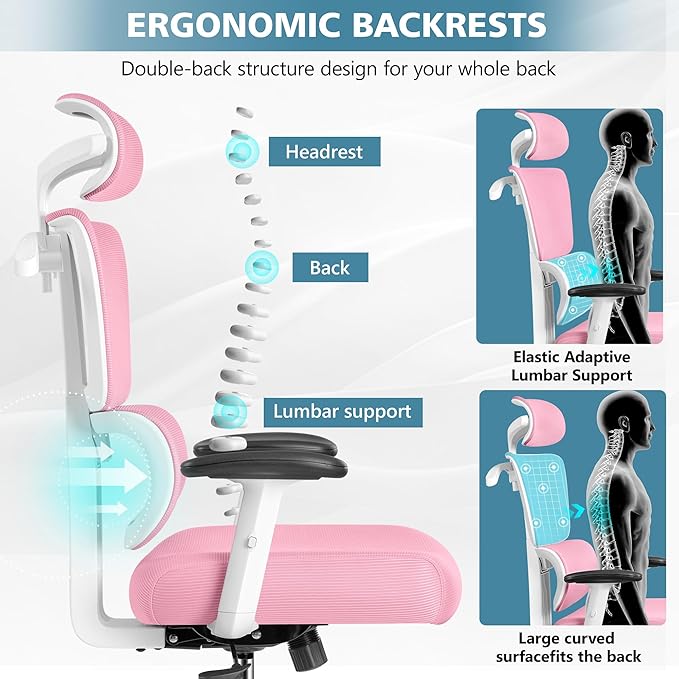 Primy Office Chair Ergonomic Desk Chair, High Back Computer Gaming Chair, Comfy Big and Tall Home Office Chair with Lumbar Support, Breathable Mesh Reclining Chair Adjustable Armrests Headrest(Pink) - LeafyLoom