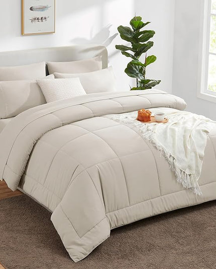 CozyLux King Size Comforter Sets - 7 Pieces Bed in a Bag Set Beige, Bedding Sets King with All Season Quilted Comforter, Flat Sheet, Fitted Sheet, Pillowcases, Beige, King - LeafyLoom
