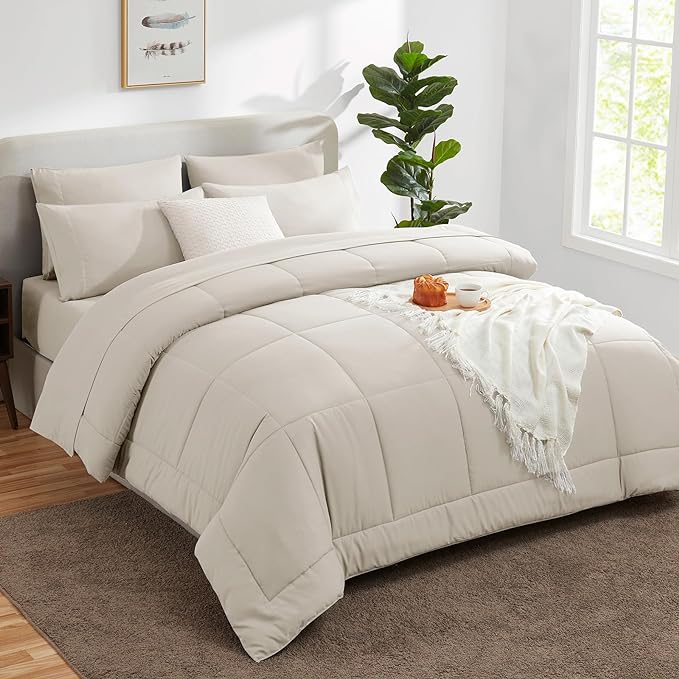 CozyLux King Size Comforter Sets - 7 Pieces Bed in a Bag Set Beige, Bedding Sets King with All Season Quilted Comforter, Flat Sheet, Fitted Sheet, Pillowcases, Beige, King - LeafyLoom