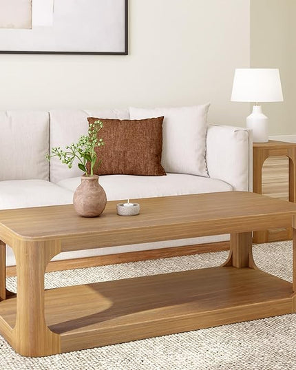 Plank+Beam Forma Coffee Table, Solid Wood 54 Inch Modern Coffee Table with Shelf, Contemporary Center Table with Storage Space, Rectangle Tea Table with Storage, Pecan - LeafyLoom
