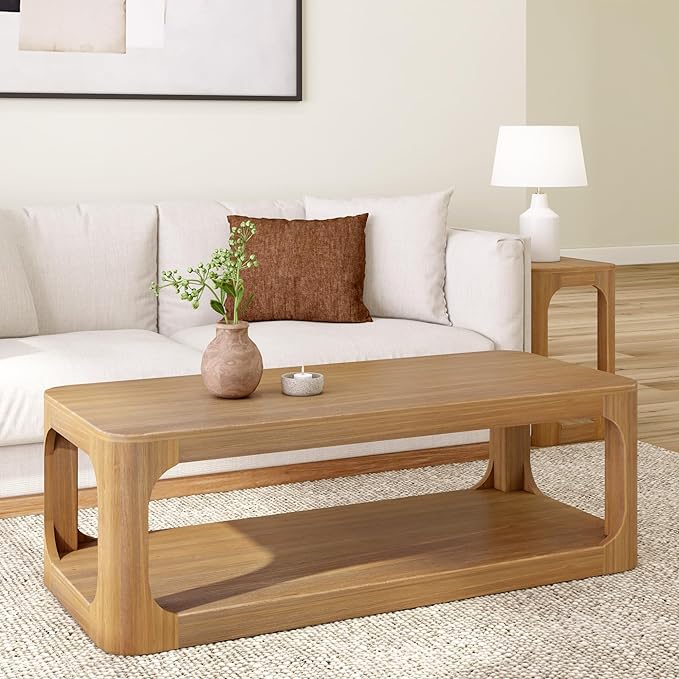 Plank+Beam Forma Coffee Table, Solid Wood 54 Inch Modern Coffee Table with Shelf, Contemporary Center Table with Storage Space, Rectangle Tea Table with Storage, Pecan - LeafyLoom