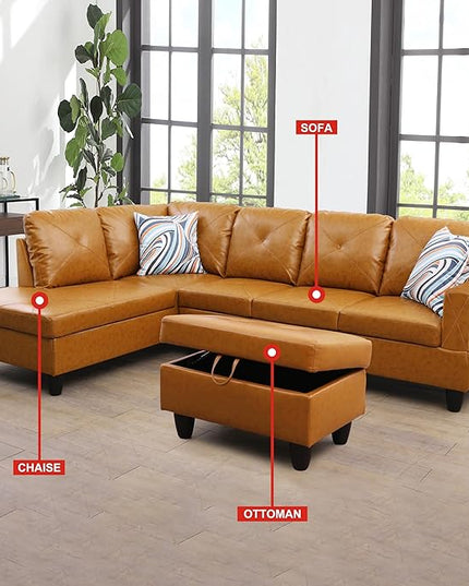 3-Piece L-Shaped Sectional Couches with 66.5'' Chaise Lounge & Storage Ottoman, Modular Living Room Sofas for Home Office, 97'' Left Hand Facing, Ginger Faux Leather - LeafyLoom