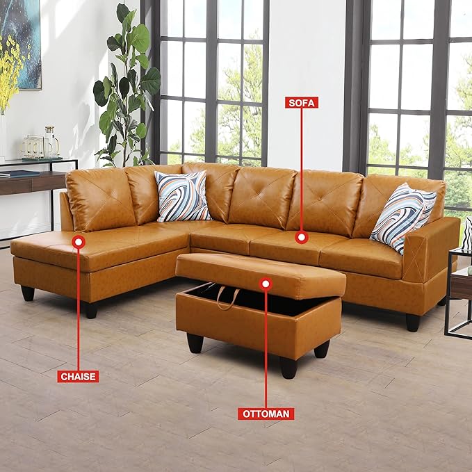 3-Piece L-Shaped Sectional Couches with 66.5'' Chaise Lounge & Storage Ottoman, Modular Living Room Sofas for Home Office, 97'' Left Hand Facing, Ginger Faux Leather - LeafyLoom