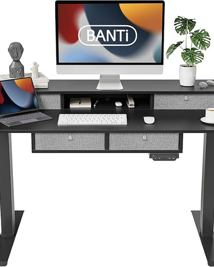BANTI Height Adjustable Electric Standing Desk with 4 Drawers, 48 x 24 Inch Table with Storage Shelf, Sit Stand Desk, Black Top - LeafyLoom