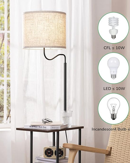 EDISHINE Floor Lamp with Table, Bedside End Table with Lamp, Reading Shelf Floor Lamp with Linen Shade, Narrow Nightstand with Shelves for Living Room, Bedroom, Office, Den, 60" - LeafyLoom