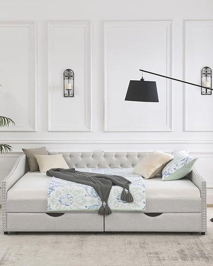 Queen Size Upholstered Daybed with Two Storage Trundle Drawers, Wooden Sofa Bed w/Button Tufted Backrest and Waved Shape Arms, No Box Spring Needed, for Living Room, Bedroom, Dorm, Beige - LeafyLoom