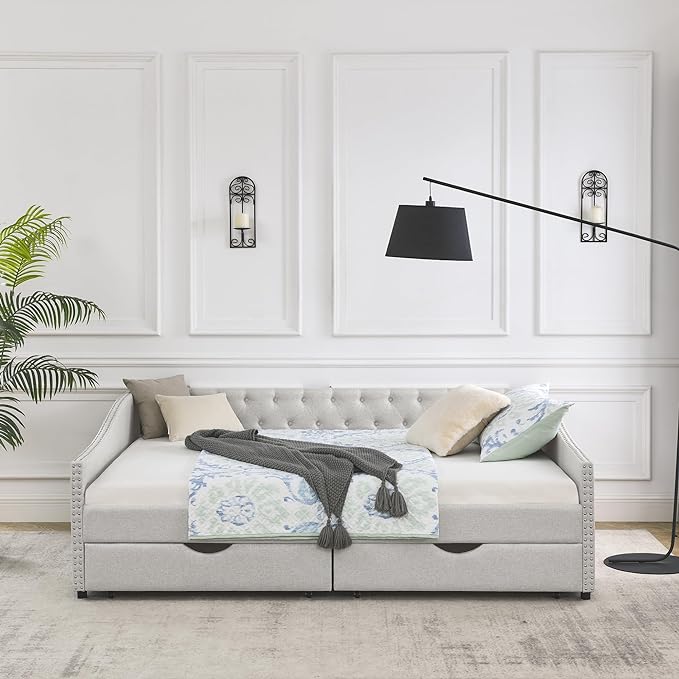 Queen Size Upholstered Daybed with Two Storage Trundle Drawers, Wooden Sofa Bed w/Button Tufted Backrest and Waved Shape Arms, No Box Spring Needed, for Living Room, Bedroom, Dorm, Beige - LeafyLoom