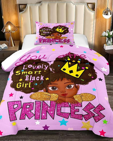 Black Girl Comforter Sets Twin-African Black Girls Twin Comforter Sets for Girls Cute Black Girl Twin Bedding Sets for Girls Princess Room Decor for Girls Bedroom, Twin (1 Comforter 1 Pillowcase) - LeafyLoom
