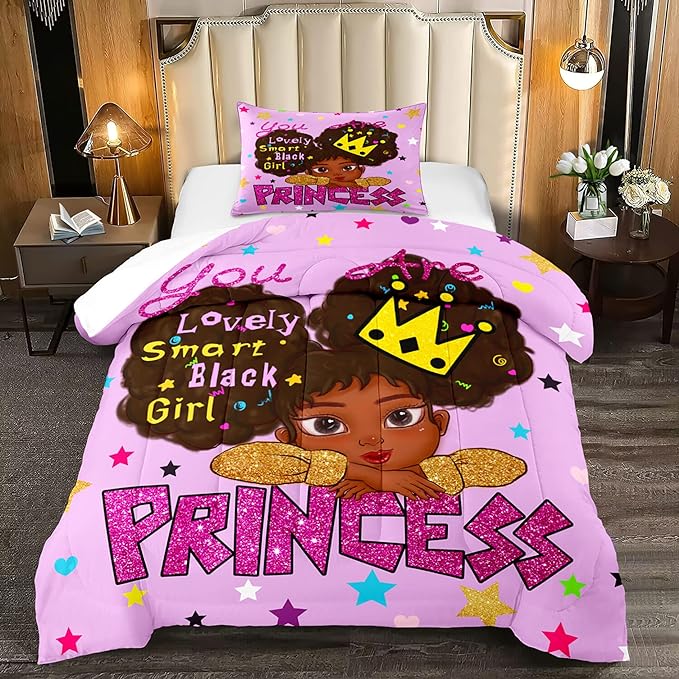 Black Girl Comforter Sets Twin-African Black Girls Twin Comforter Sets for Girls Cute Black Girl Twin Bedding Sets for Girls Princess Room Decor for Girls Bedroom, Twin (1 Comforter 1 Pillowcase) - LeafyLoom