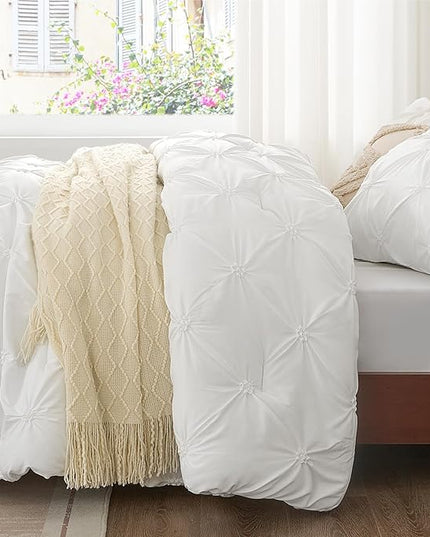 BEDELITE White King Size Comforter Set - 3 Pieces Boho Pintuck Bedding Comforter Sets, Lightweight Soft & Warm King Bedding Set with 2 Pillowcases for All Season - LeafyLoom