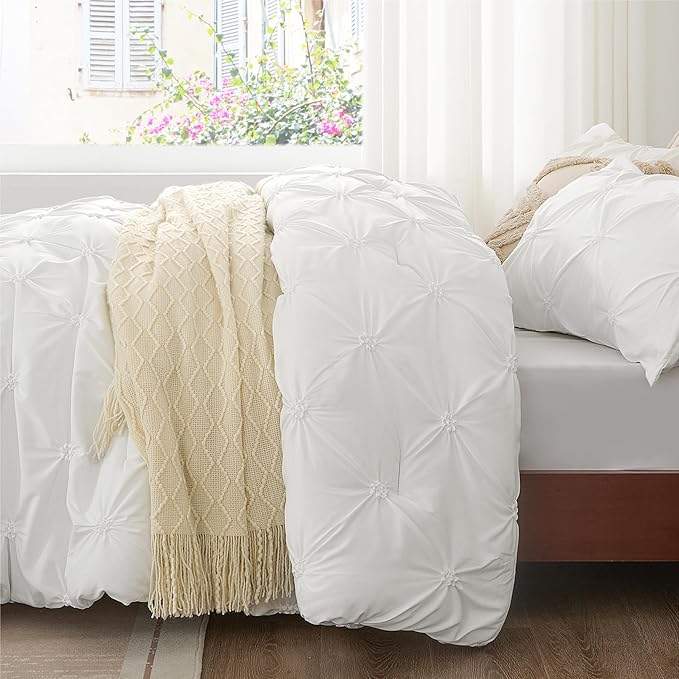BEDELITE White King Size Comforter Set - 3 Pieces Boho Pintuck Bedding Comforter Sets, Lightweight Soft & Warm King Bedding Set with 2 Pillowcases for All Season - LeafyLoom