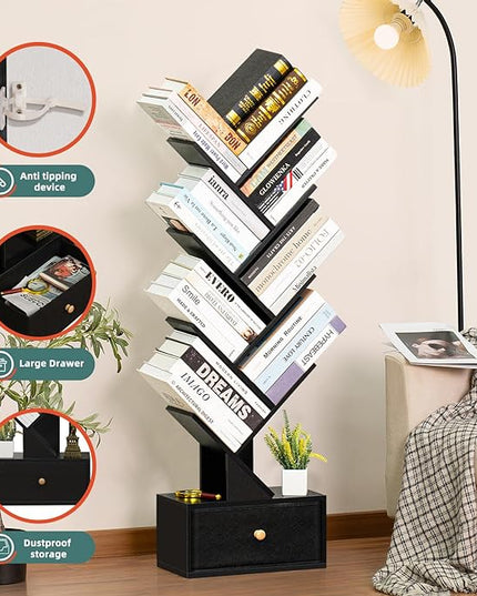 8 Tier Tree Bookshelf with Drawer, Free Standing Wood Bookcase for Living Room, Bedroom, Home Office, Space Saving Storage Organizer Bookshelves for Books, CDs, Vinyl Records- Black - LeafyLoom